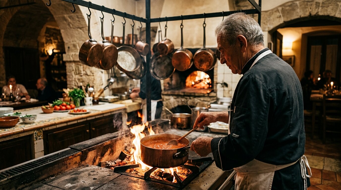 Lo chef prepara un piatto sul fuoco vivo