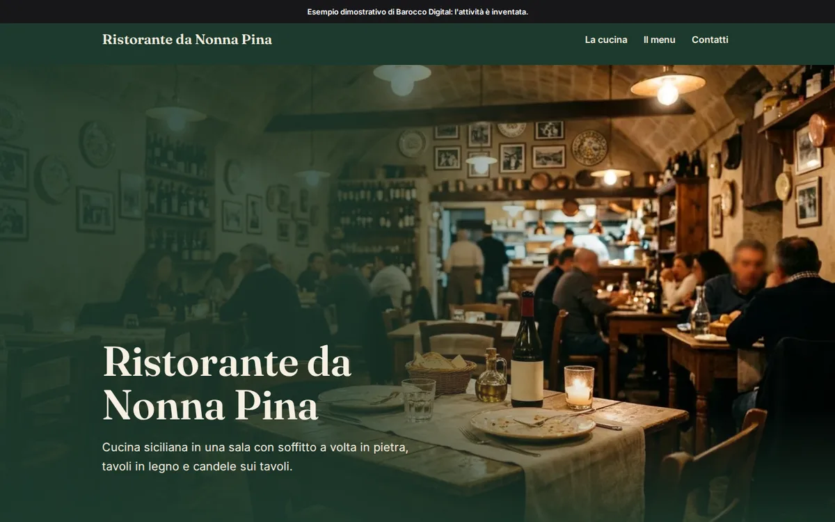 Pagina iniziale del sito di esempio di un ristorante, vista da computer