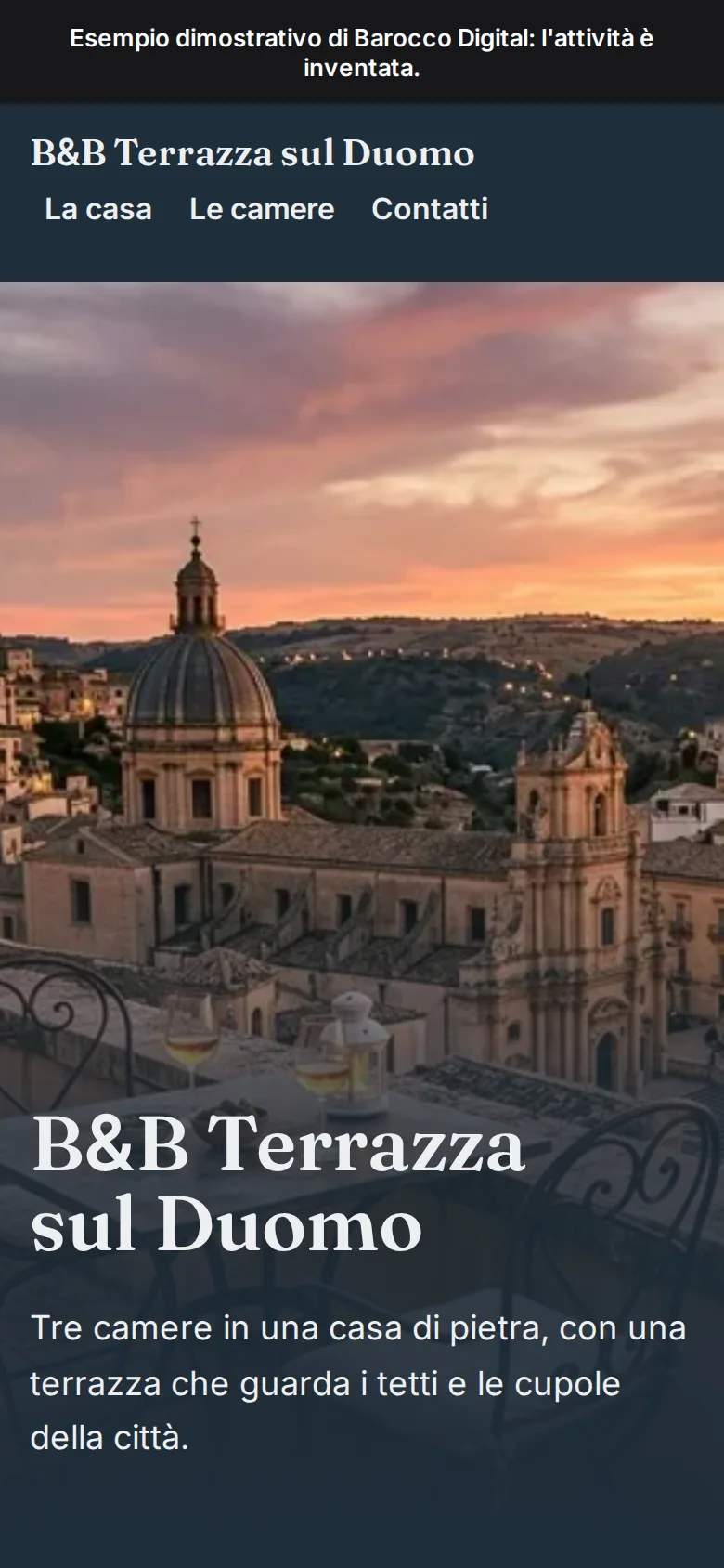 Sito di esempio di un B&B, visto da telefono