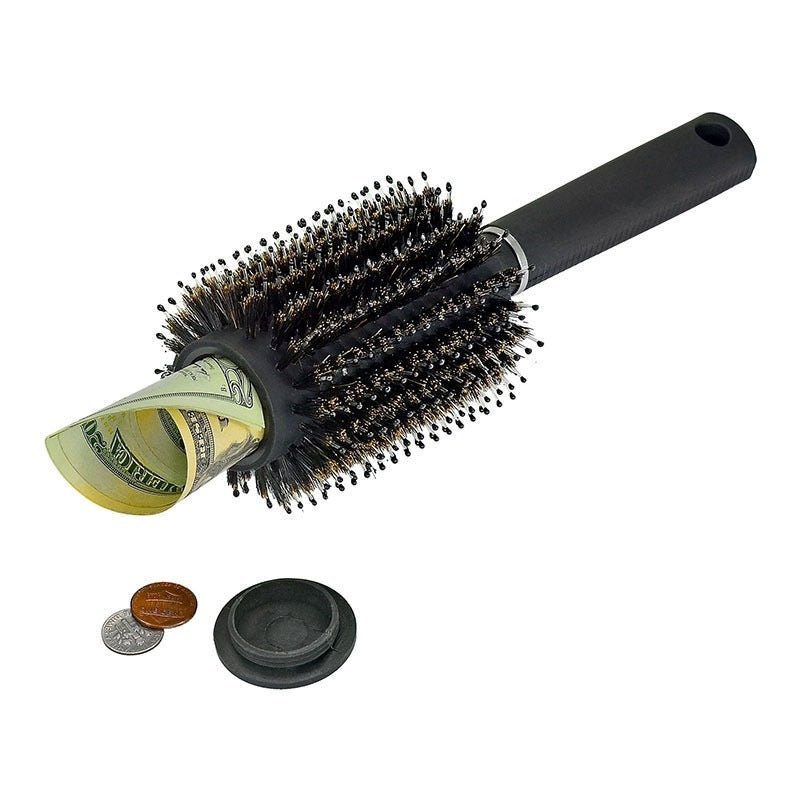 Safe Brush hairbrush diversion safe open, showing hidden cash compartment